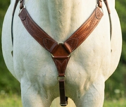 Premium Hand-Tooled Western Leather Breast Collar With Oak Leaf Carving and Heavy Duty Hardware