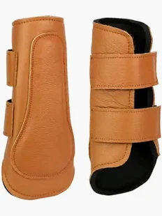 Premium Natural Tan Leather Open-Front Horse Boots with Secure Velcro Straps and Protective Lining
