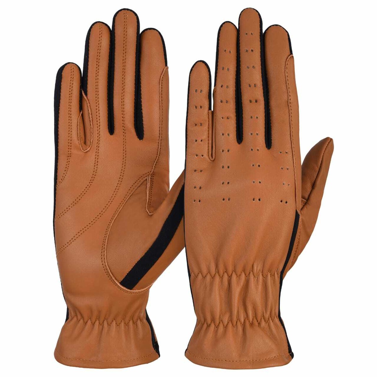 Classic Tan Leather Professional Riding Gloves – Perforated Breathability with Contrast Lycra Stretch Panels and Artisan Stitching