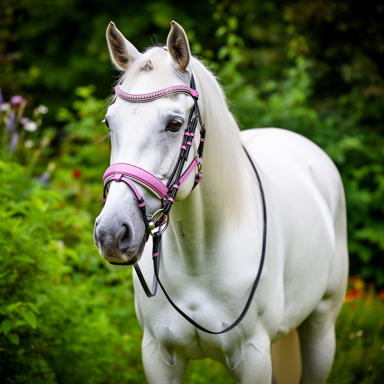 Handcrafted Black Leather Horse Bridle Set With Soft Pink Padding and Reins