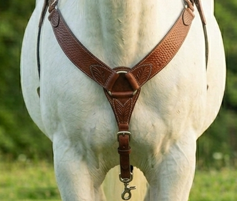 Premium Chestnut Western Leather Breast Collar with Hand-Stamped Basket Weave Pattern and Reinforced Stitching