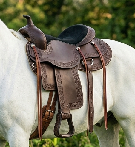 Dark Chocolate Hand-Tooled Western Leather Saddle With Basket Weave Design and Suede Padded Seat