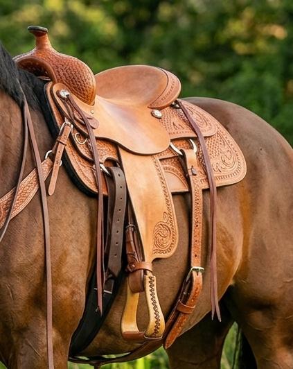 Premium Natural Tan Hand-Tooled Western Leather Saddle With Basket Weave Skirt and Deep Roughout Seat