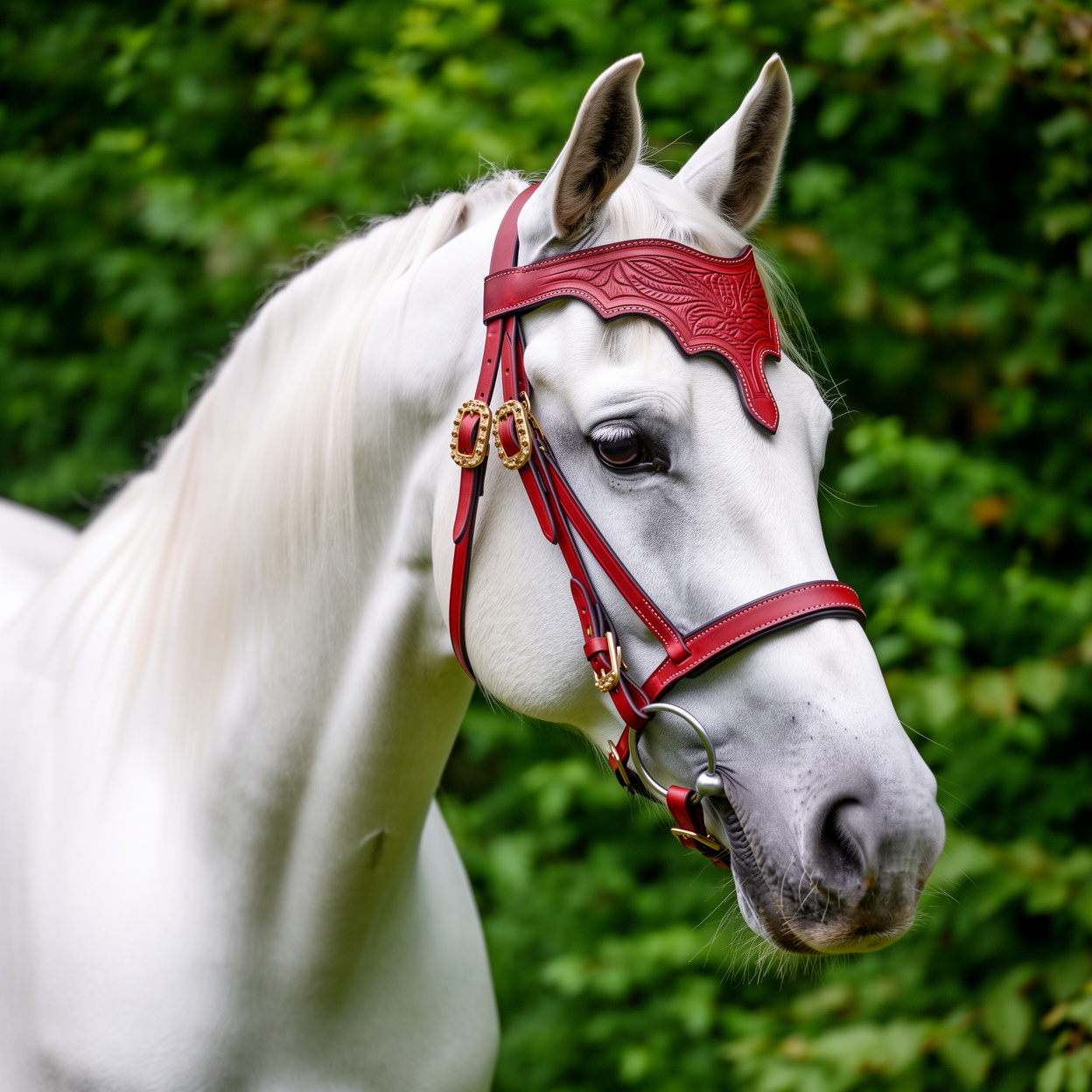 Exotic Red Hand-Tooled Leather Horse Bridle With Ornate Forehead Crown and Brass Buckles