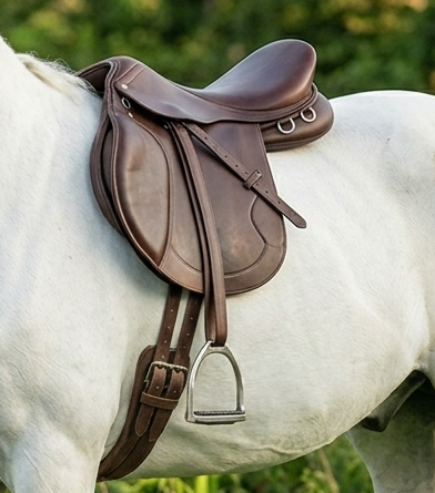 Professional Havana Brown English Leather All-Purpose Saddle With Reinforced Stirrup Leathers and Girth