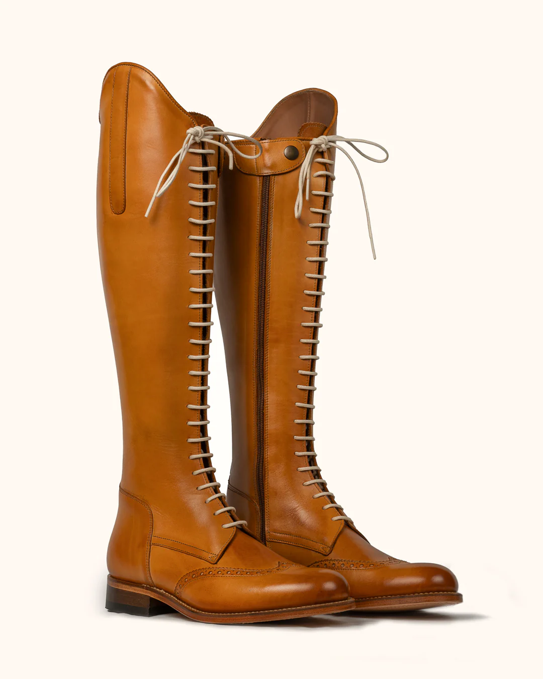 Royal Cognac Artisan Tall Boots – Full-Length Front Laced Equestrian Boots with Brogue Detailing and Spanish Top