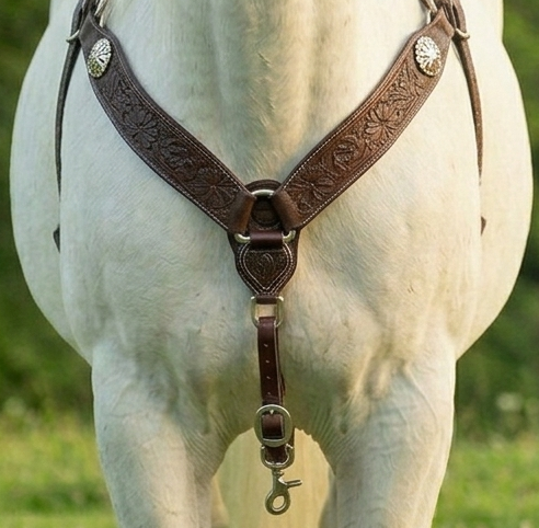 Chocolate Hand-Tooled Western Leather Breast Collar With Silver Floral Conchos and Deep Oak Carving